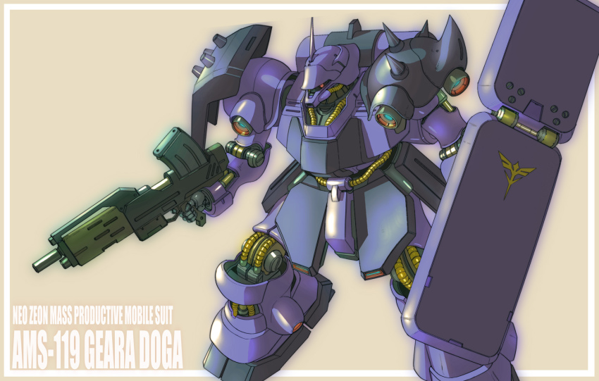 beam_machinegun, beam_rifle, char's_counterattack, energy_gun, geara_doga, geara_doga_(rezin_schnyder_custom), gundam, mecha, no_humans, rezin_schnyder, robot, shield, solo, spikes, viridian-c, weapon