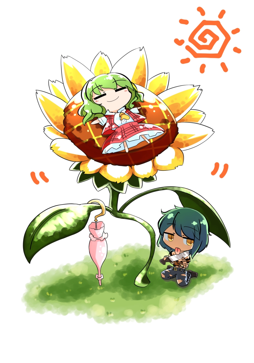 10s, 2girls, =_=, b-q, chibi, closed_eyes, crop_top, crossover, flower, green_hair, highres, hikage_(senran_kagura), jitome, kashuu_(b-q), kazami_yuuka, knife, licking, licking_blade, licking_weapon, lying, multiple_girls, on_back, parasol, plaid_clothes, plaid_skirt, plaid_vest, senran_kagura, short_hair, skirt, skirt_set, sleeping, slit_pupils, smile, sunflower, tongue, torn_clothes, touhou, umbrella, vest, weapon, yellow_eyes