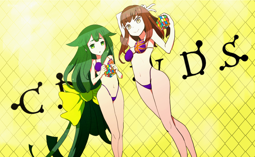 10s, 2girls, bikini, brown_hair, commission, flag_print, flag_print_bikini, gatchaman_crowds, green_eyes, green_hair, highleg, highleg_bikini, highres, ichinose_hajime, legs, long_hair, long_legs, miya_utsutsu, multiple_girls, print_bikini, purple_bikini, rubik's_cube, shinkuoh, swimsuit, thighs, union_jack, yellow_eyes