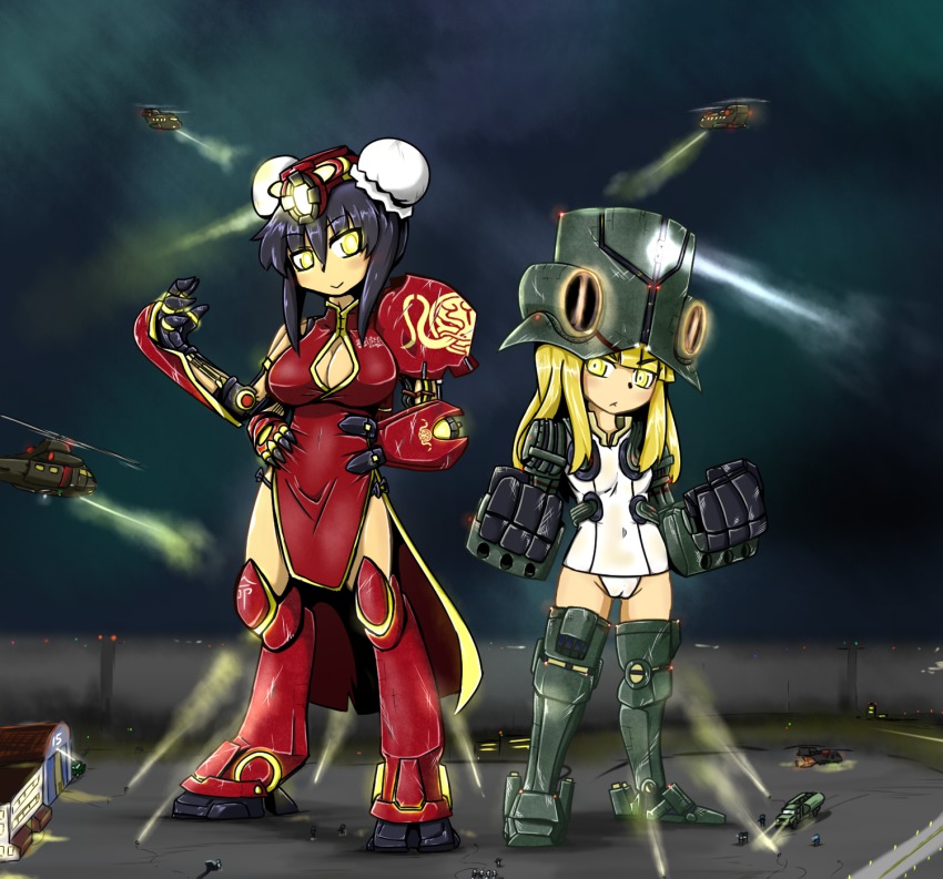 2girls, aircraft, blonde_hair, bloodycat, blush_stickers, breasts, bun_cover, cameltoe