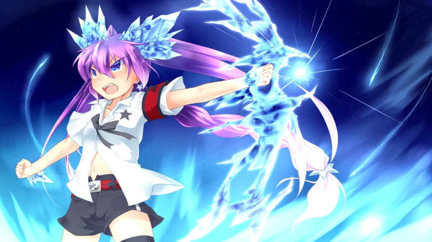 10s, 1girl, blue_eyes, blue_hair, bow_(weapon), braid, crystal_horns, earrings