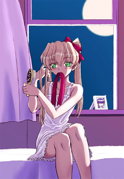 1girl, bed, bedroom, blonde_hair, comb, curtains, female_focus, green_eyes, hair_ribbon, hairdressing, moon, night, nightgown, original, ribbon, ruka_(spark_utamaro), ryuhto_(spark_utamaro), solo, spark_utamaro, twintails, window