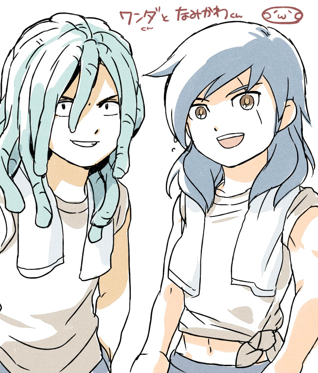 2boys, bad_id, bad_pixiv_id, blue_hair, character_name, dreadlocks, grin, hair_down
