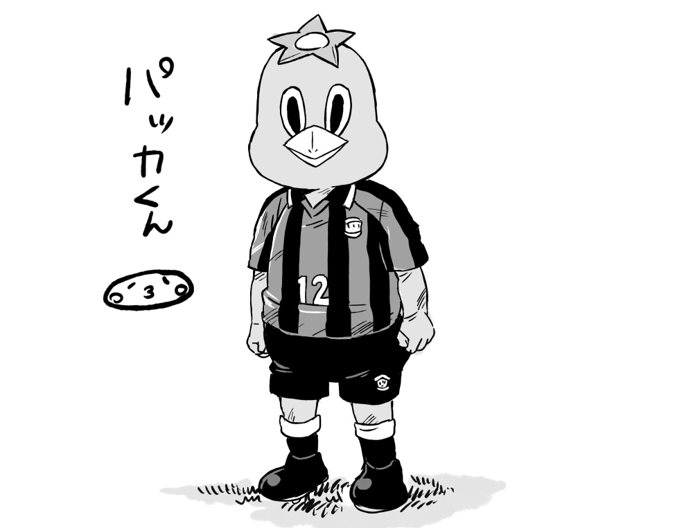 1boy, bad_id, bad_pixiv_id, character_name, giant_killing, greyscale, male_focus, mascot, mizuhara_aki, monochrome, pakka-kun, simple_background, soccer_uniform, solo, sportswear, standing, white_background