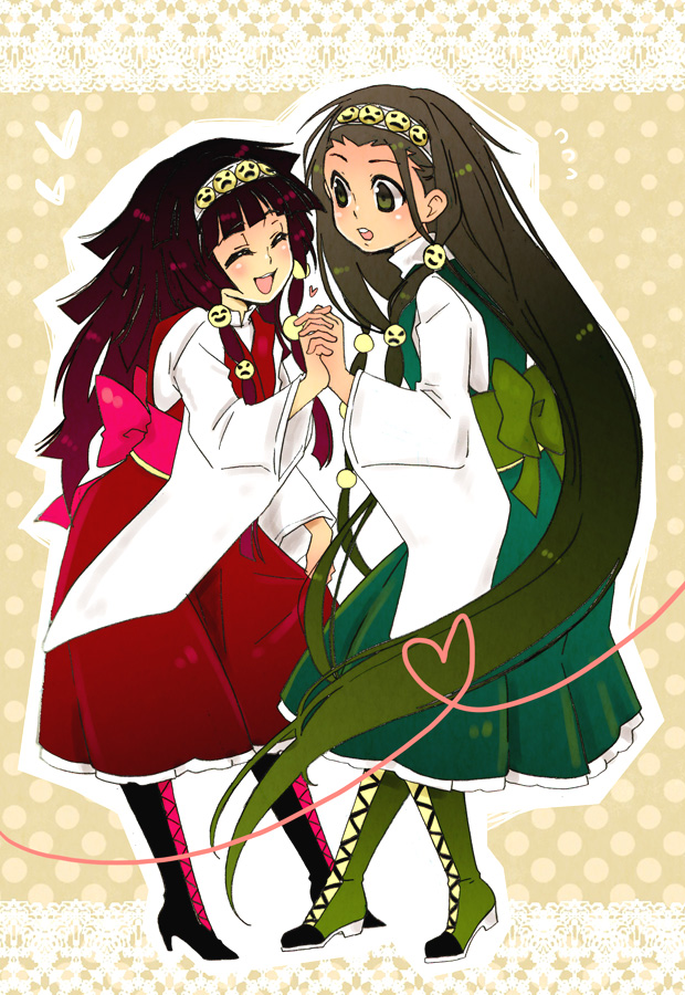 2boys, alluka_zoldyck, alluka_zoldyck_(cosplay), alternate_hair_length, alternate_hairstyle, bad_id, bad_pixiv_id, boots, closed_eyes, cosplay, crossdressing, crossdressing_(mtf), dress, gon_freecss, hunter_x_hunter, long_hair, male_focus, multiple_boys, nightcat, trap