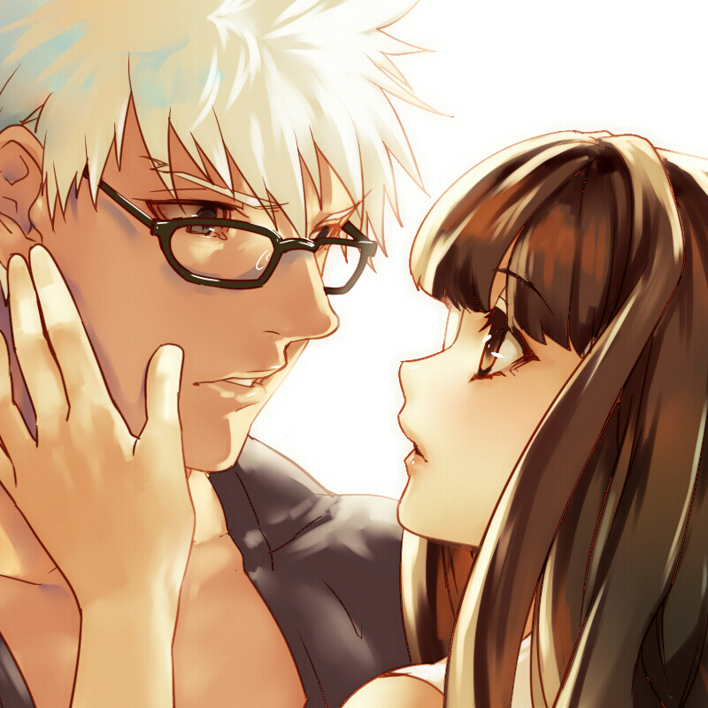 10s, 1boy, 1girl, archer_(fate), archer_(modern_black_costume)_(fate), black_eyes, brown_eyes, brown_hair