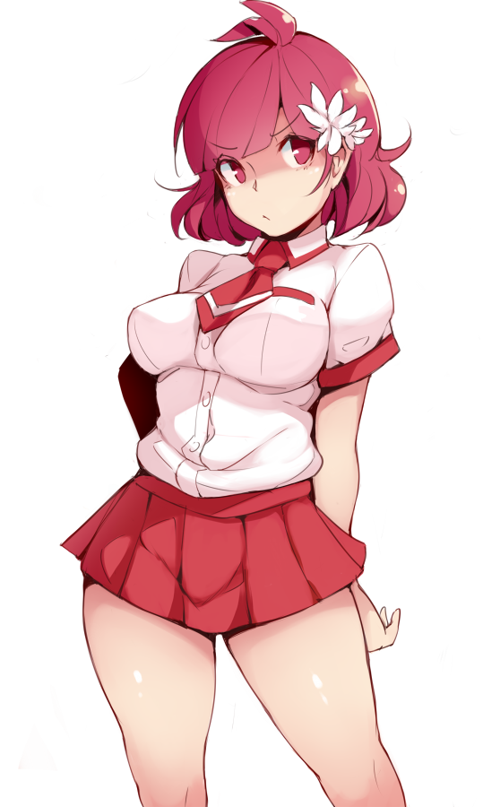 1girl, ahoge, arms_behind_back, bad_id, bad_tumblr_id, borrowed_character, breasts, female_focus, flower, frown, hair_flower, hair_ornament, hairpin, hina_(naso4), impossible_clothes, impossible_shirt, large_breasts, looking_away, necktie, original, pink_eyes, pink_hair, pleated_skirt, school_uniform, shirt, short_hair, simple_background, skirt, solo, standing, thick_thighs, thighs, white_background, wide_hips, zako_(arvinry)