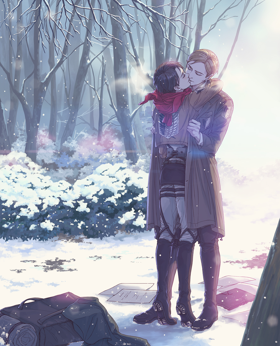 2boys, backpack, bad_id, bad_pixiv_id, badge, bag, bare_tree, boots, breath, brown_hair, erwin_smith, hug, kiss, levi_(shingeki_no_kyojin), male_focus, multiple_boys, paper, scarf, shingeki_no_kyojin, snow, tree, twoframe, winter, yaoi
