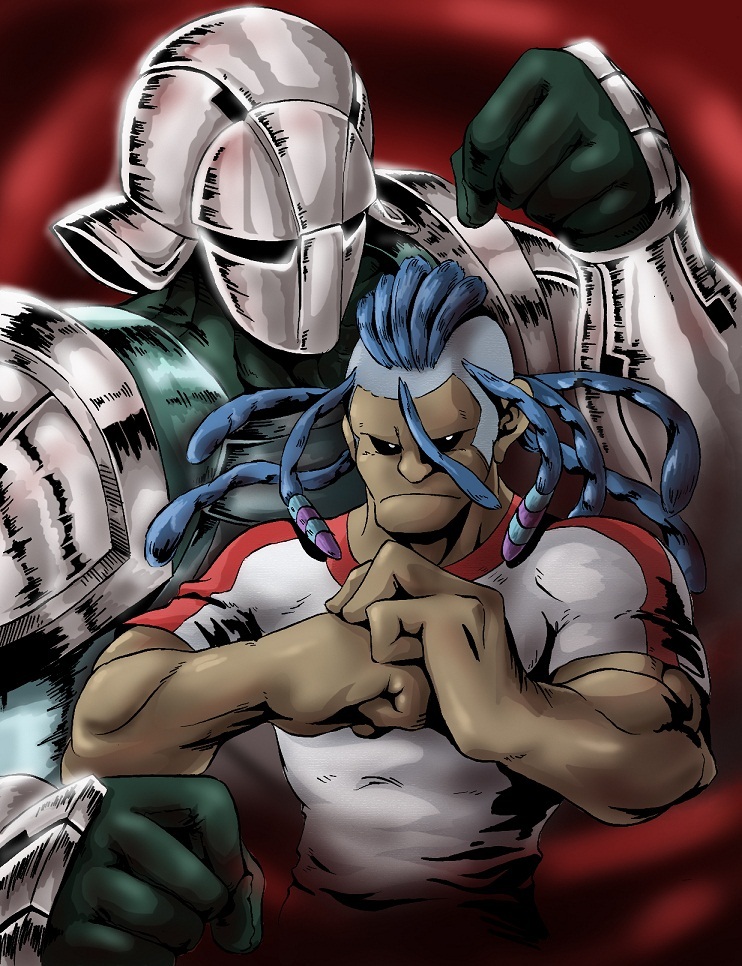 2boys, armor, blue_hair, hellbow, helmet, ide_norikazu, inazuma_eleven_(series), inazuma_eleven_go, kaiou, keshin_(inazuma_eleven), male_focus, multiple_boys, muscular, seieihei_pawn_w, soccer_uniform, sportswear, upper_body