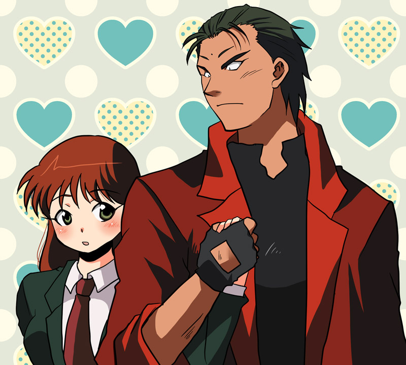 1990s_(style), 1boy, 1girl, bindi, black_hair, blue_seed, blush, brown_hair
