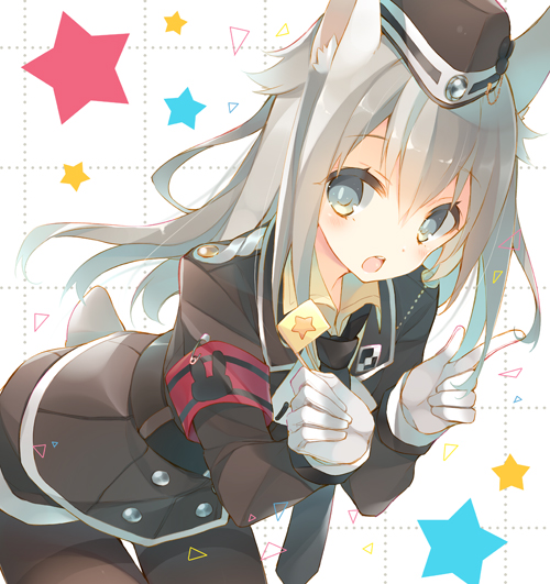 1girl, animal_ears, armband, bad_id, bad_pixiv_id, enomoto_hina, female_focus, garrison_cap, gloves, grey_eyes, grey_hair, hat, hinagiku_(enomoto_hina), leaning_forward, military, military_uniform, necktie, original, rabbit_ears, rabbit_tail, solo, star_(symbol), tail