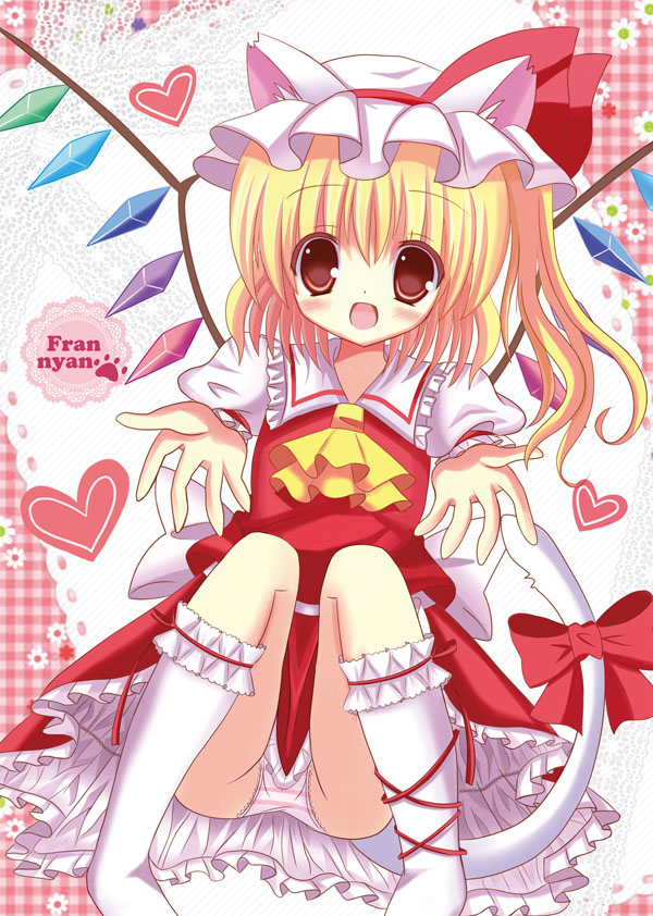 1girl, animal_ears, blonde_hair, cat_ears, cat_tail, female_focus, flandre_scarlet, hane.