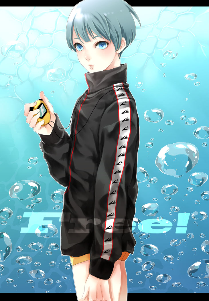 10s, 1boy, bad_id, bad_pixiv_id, black_jacket, blue_background, blue_eyes, blue_hair