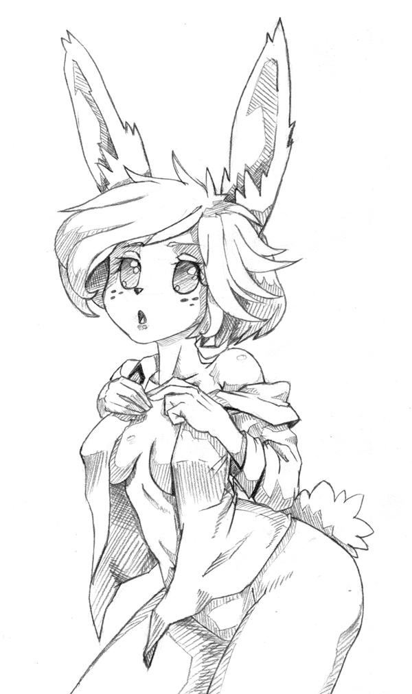 1girl, animal_crossing, animal_ears, bad_id, bad_tumblr_id, bankage, bottomless, breasts, female_focus, freckles, greyscale, monochrome, naked_shirt, nintendo, no_pupils, off_shoulder, open_clothes, open_shirt, rabbit_ears, rabbit_tail, ruby_(animal_crossing), shirt, short_hair, solo, tail