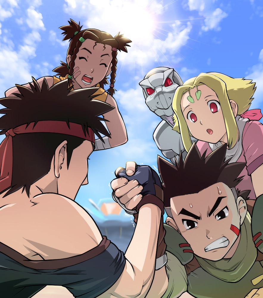 2boys, 2girls, arm_wrestling, black_eyes, black_hair, blade_liger, blonde_hair, blue_sky