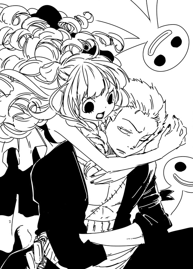 1boy, 1girl, ghost, greyscale, kuraigana_island, long_hair, monochrome, one_piece