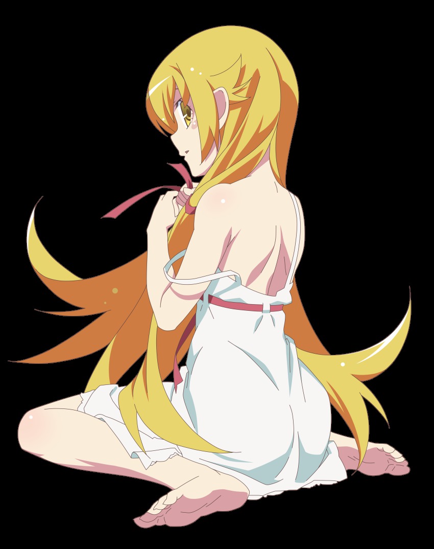 1girl, absurdres, bakemonogatari, barefoot, blonde_hair, derivative_work, dress, feet