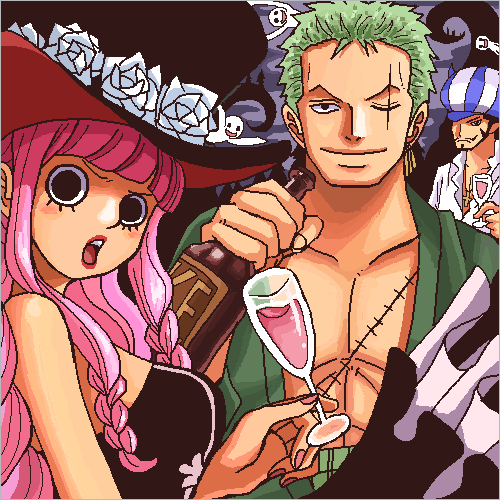 1girl, 2boys, alcohol, black_hair, bottle, cup, dracule_mihawk, drinking_glass