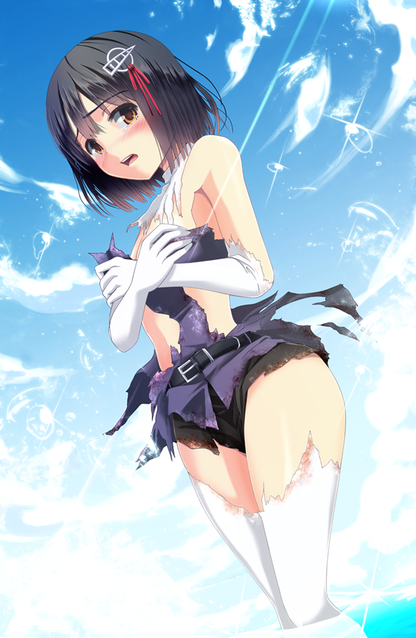 10s, 1girl, black_hair, blush, covering_breasts, covering_privates, female_focus, gloves