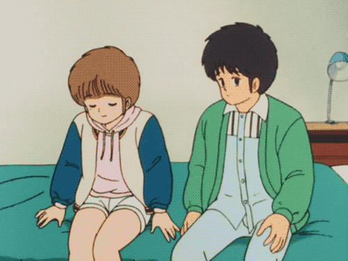 1980s_(style), 1boy, 1girl, animated, animated_gif, bed, bedroom, hiyama_hikaru, kasuga_kyousuke, kimagure_orange_road, lowres, retro_artstyle, rejection