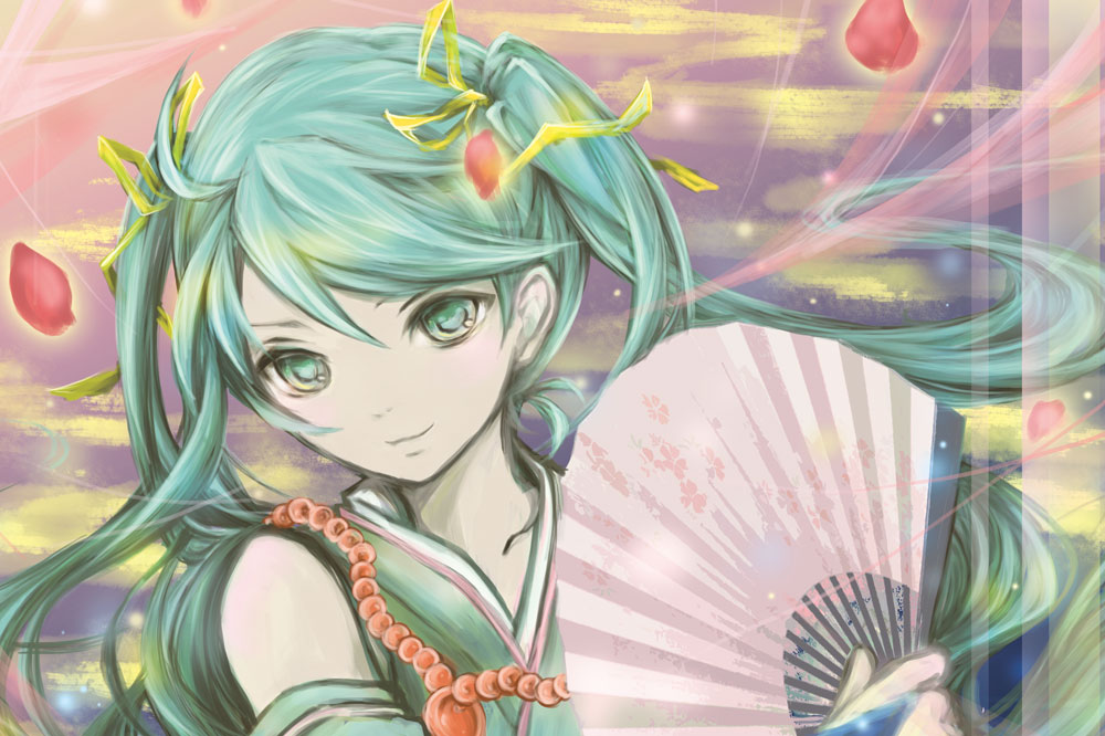1girl, bad_id, bad_pixiv_id, female_focus, folding_fan, green_eyes, green_hair, hair_ribbon, hand_fan, hatsune_miku, hoshino_chika, long_hair, matching_hair/eyes, ribbon, solo, twintails, vocaloid