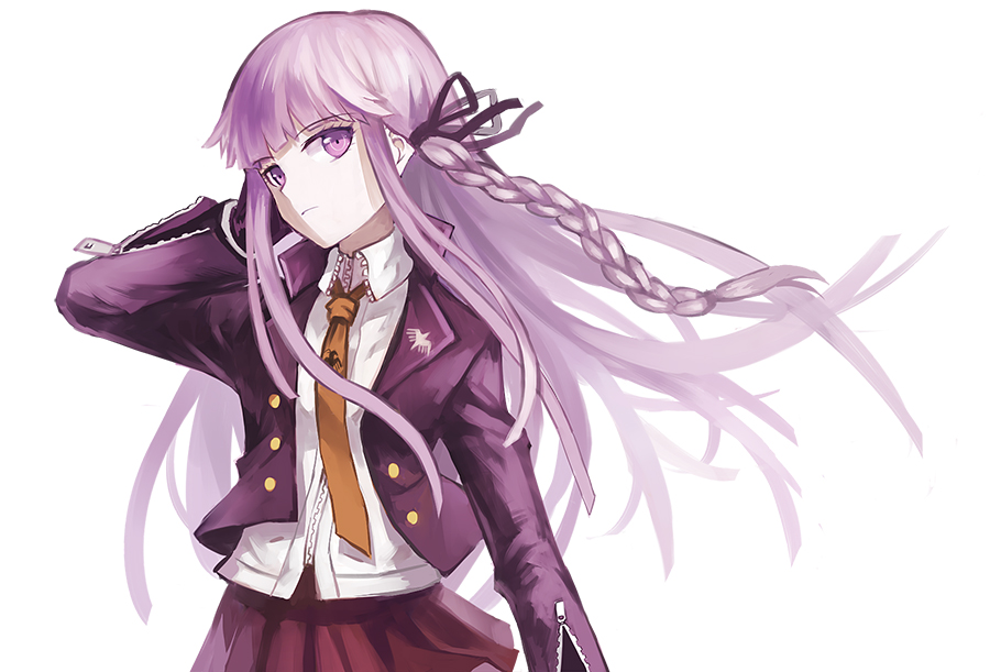 10s, 1girl, braid, danganronpa:_trigger_happy_havoc, danganronpa_(series), female_focus, gloves, kirigiri_kyoko, long_hair, long_sleeves, luzi_(asobi0604), necktie, pink_eyes, pink_hair, school_uniform, side_braid, single_braid, skirt, solo, very_long_hair, white_background
