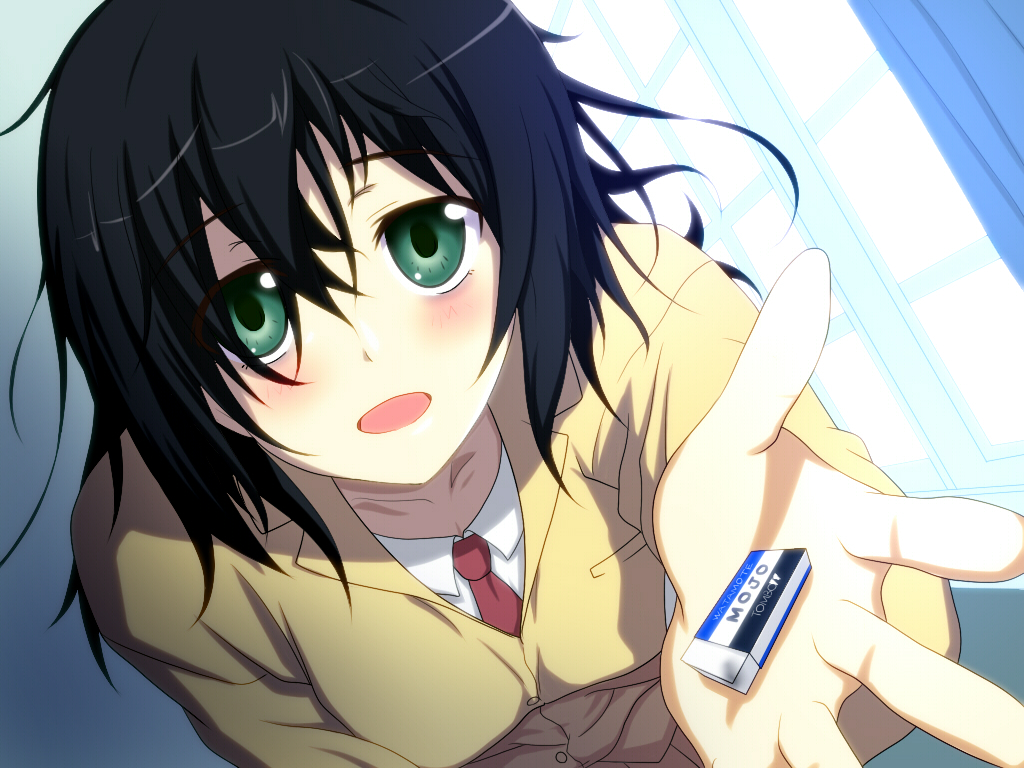 10s, 1girl, bags_under_eyes, black_hair, blush, brand_name_imitation, eraser, female_focus