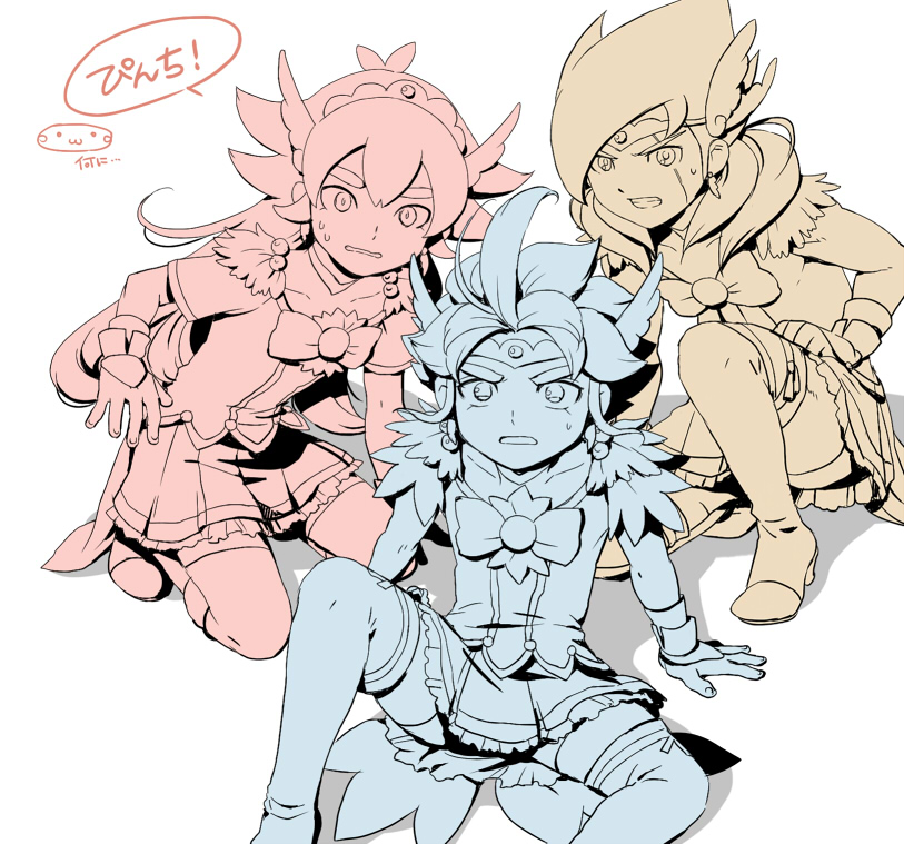 3boys, alternate_hair_length, alternate_hairstyle, bad_id, bad_pixiv_id, clenched_teeth, cosplay, crossdressing