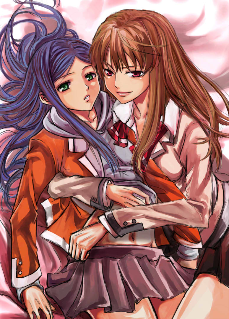 00s, 2girls, blue_hair, brown_hair, fujino_shizuru, green_eyes, hug, kuga_natsuki