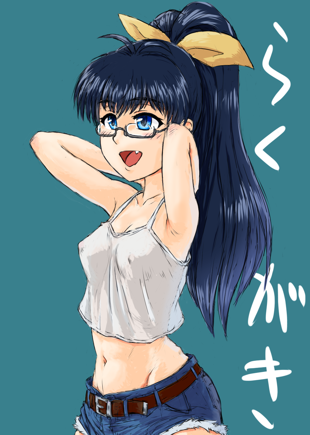 1girl, antenna_hair, aqua_background, bad_id, bad_pixiv_id, belt, bespectacled, black_hair, blue_eyes, bow, breasts, covered_erect_nipples, cutoffs, denim, denim_shorts, fang, female_focus, ganaha_hibiki, glasses, groin, hair_bow, highres, idolmaster, idolmaster_(classic), long_hair, medium_breasts, midriff, navel, open_mouth, semi-rimless_eyewear, short_shorts, shorts, simple_background, smile, solo, tank_top, tre2013, tre_(tre2013), under-rim_eyewear