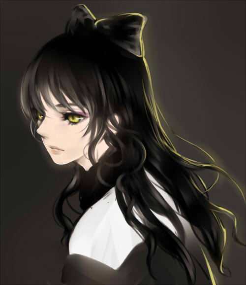 1girl, black_hair, blake_belladonna, female_focus, long_hair, looking_away, ribbon, rwby