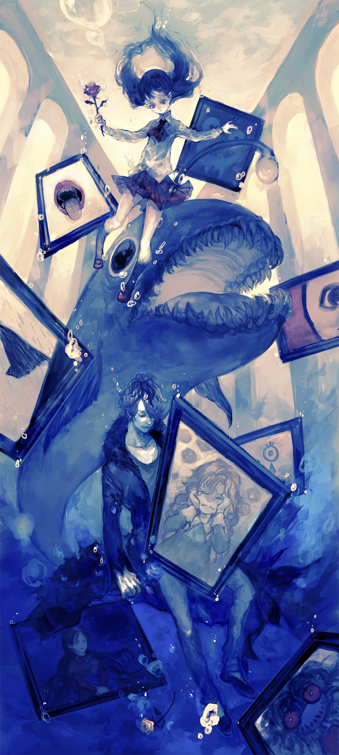 1boy, 1girl, bubble, closed_eyes, crying, doll, fish, flower