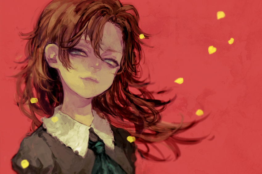 1girl, ascot, blue_ascot, brown_hair, half-closed_eyes, ib_(kouri), long_hair, mary_(ib)