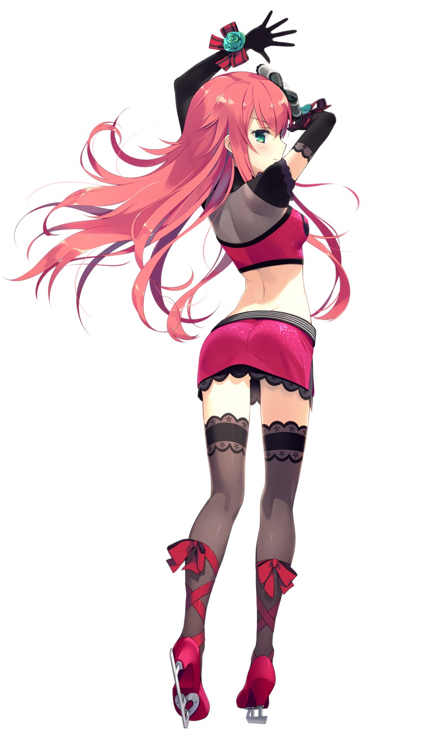 1girl, aqua_eyes, arms_up, ass, black_gloves, black_thighhighs, elbow_gloves, female_focus