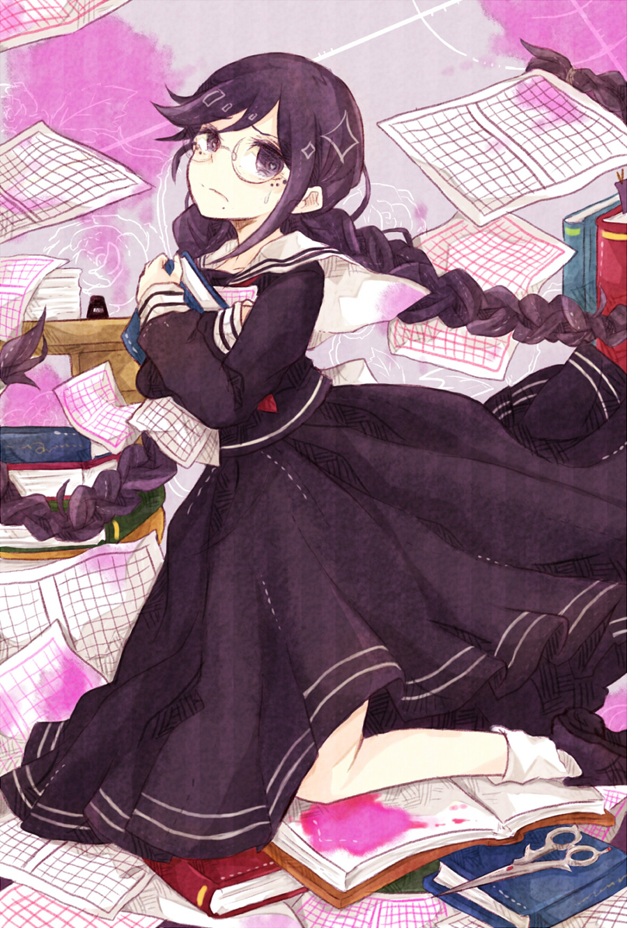 10s, 1girl, bad_id, bad_pixiv_id, basara_masa, black_hair, blood, book