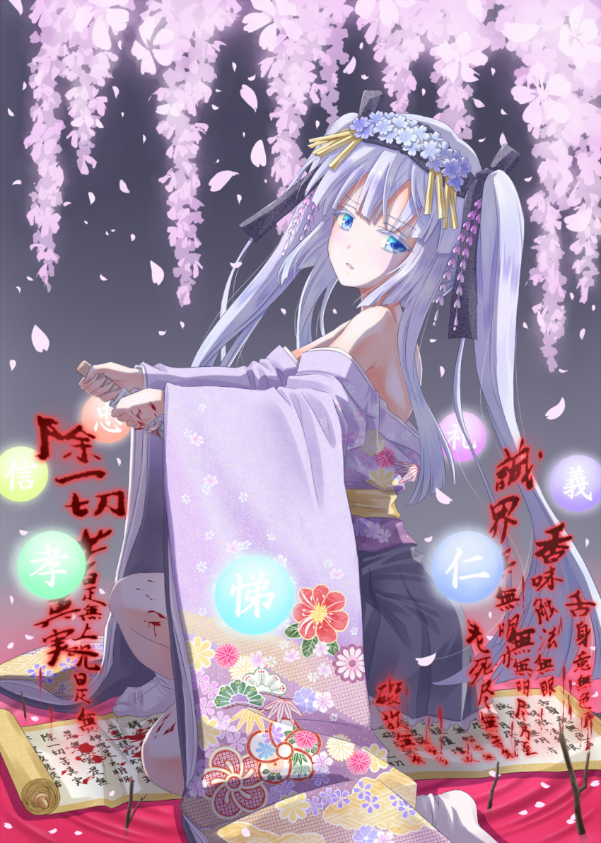 1girl, ball, bare_shoulders, blue_eyes, cherry_blossoms, crystal, female_focus, flower, fuse-hime, glowing, hadi, hair_ornament, highres, japanese_clothes, kanzashi, kimono, kodachi, long_hair, nansou_satomi_hakkenden, on_one_knee, orb, parted_lips, petals, princess, purple_hair, scroll, seppuku, short_sword, solo, sword, tabi, twintails, weapon