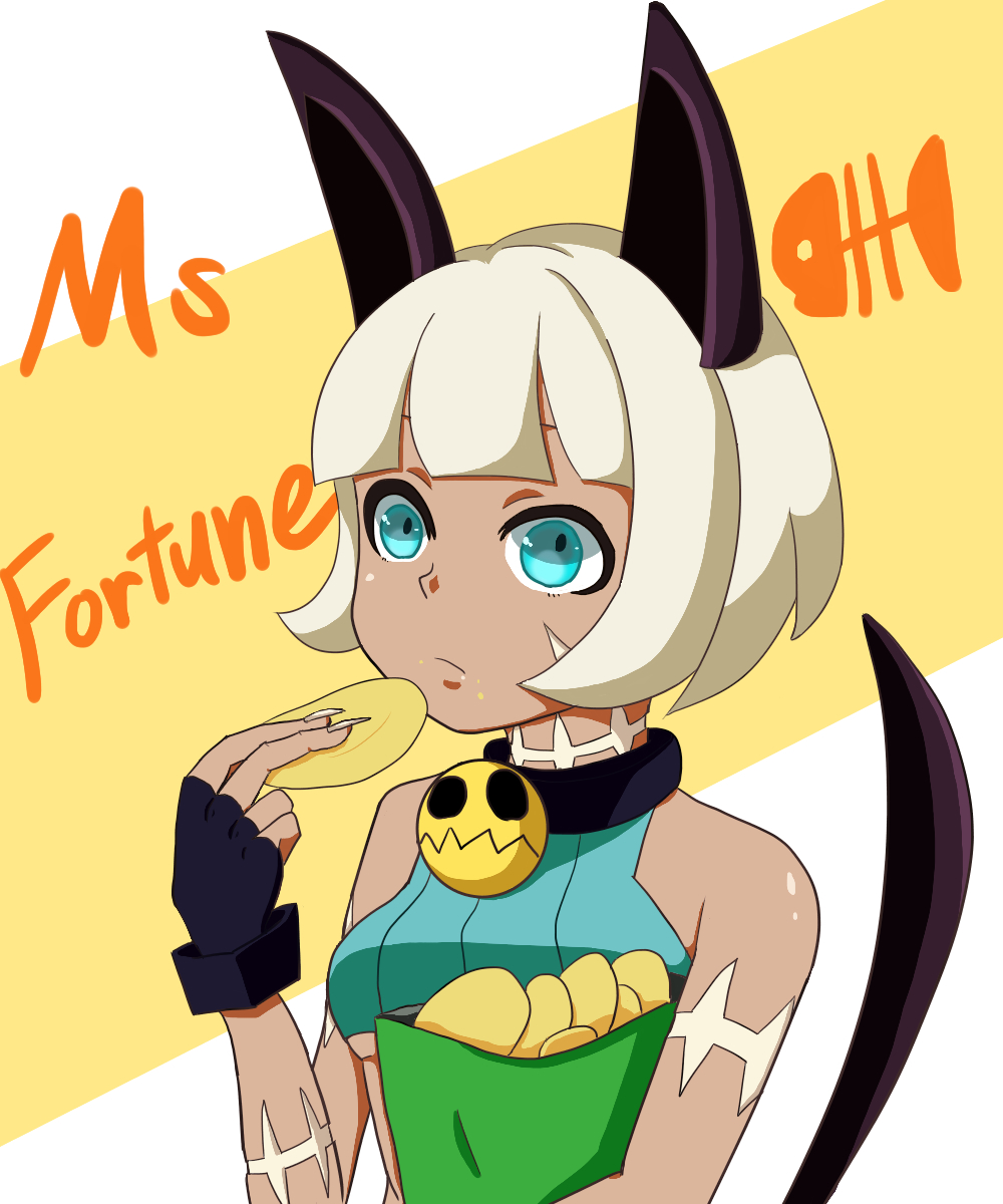 1girl, animal_ears, blue_eyes, bob_cut, cat_ears, chips_(food), eating, female_focus, fingerless_gloves, food, gloves, hi18kage, highres, ms._fortune_(skullgirls), potato_chips, scar, skullgirls, sleeveless, sleeveless_turtleneck, solo, tail, turtleneck, white_hair