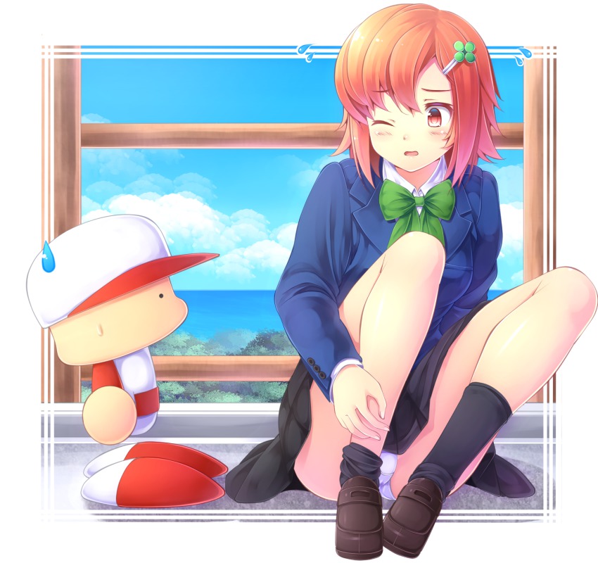 1girl, bad_id, bad_pixiv_id, blazer, bow, female_focus, hair_ornament, hairpin, highres, jacket, jikkyou_powerful_pro_yakyuu, komimiyako, kurami_haruka, loafers, long_legs, matching_hair/eyes, one_eye_closed, orange_eyes, orange_hair, panties, pantyshot, power_pro-kun_pocket_7, power_pro-kun_pocket, school_uniform, shoes, short_hair, sitting, skirt, socks, solo, sweatdrop, underwear, upskirt, wink