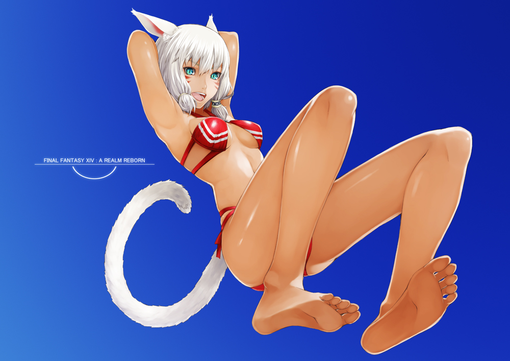 10s, 1girl, animal_ears, armpits, arms_up, bare_legs, bare_shoulders, barefoot, bikini, breasts, cat_ears, cat_tail, criss-cross_halter, facial_mark, feet, female_focus, final_fantasy, final_fantasy_xiv, foot_focus, foreshortening, green_eyes, halterneck, jumping, kanden, miqo'te, red_bikini, shiny_skin, short_hair, silver_hair, soles, solo, square_enix, swimsuit, tail, toes, y'shtola_rhul