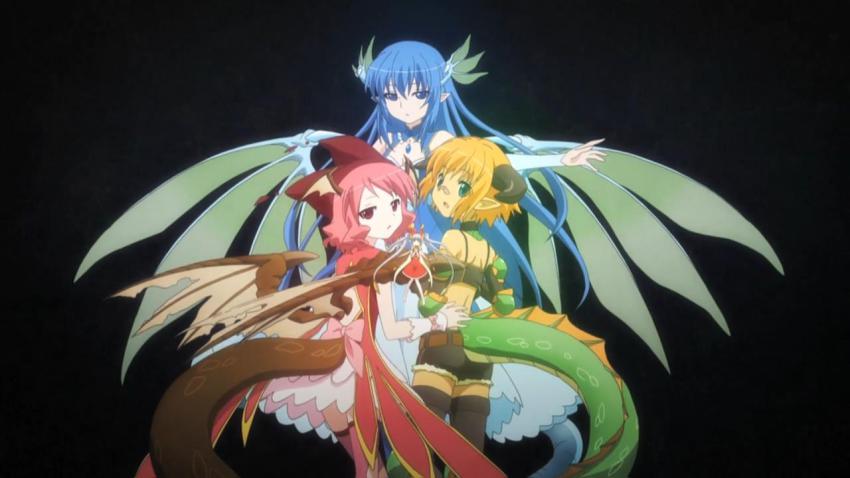 bahamut_(zettai_bouei_leviathan), blue_hair, detached_sleeves, dress, fairy, hat, horns, jormungandr_(zettai_bouei_leviathan)