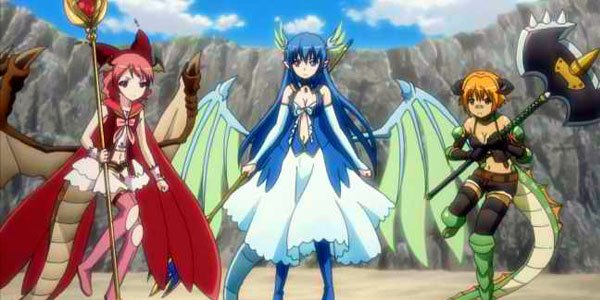 axe, bahamut_(zettai_bouei_leviathan), blue_hair, dress, hat, horns, jormungandr_(zettai_bouei_leviathan), leviathan_(zettai_bouei_leviathan)