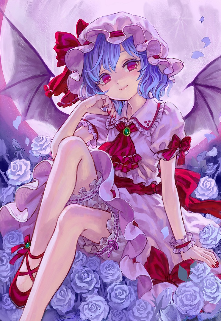 1girl, ama-tou, bat_wings, bloomers, blue_hair, brooch, cross-laced_footwear, dress