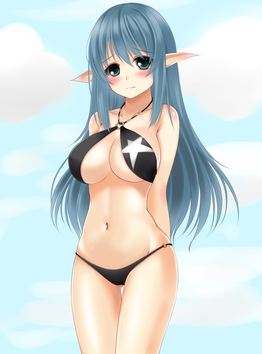 1girl, bikini, black_bikini, blue_eyes, blue_hair, blush, female_focus, highres, long_hair, lottie_(pso2), matching_hair/eyes, phantasy_star, phantasy_star_online_2, pointy_ears, sogaya, solo, swimsuit