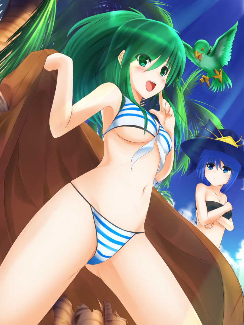 2girls, ariel_(yu-gi-oh!), armpits, artist_request, bare_shoulders, beach, beak, bikini