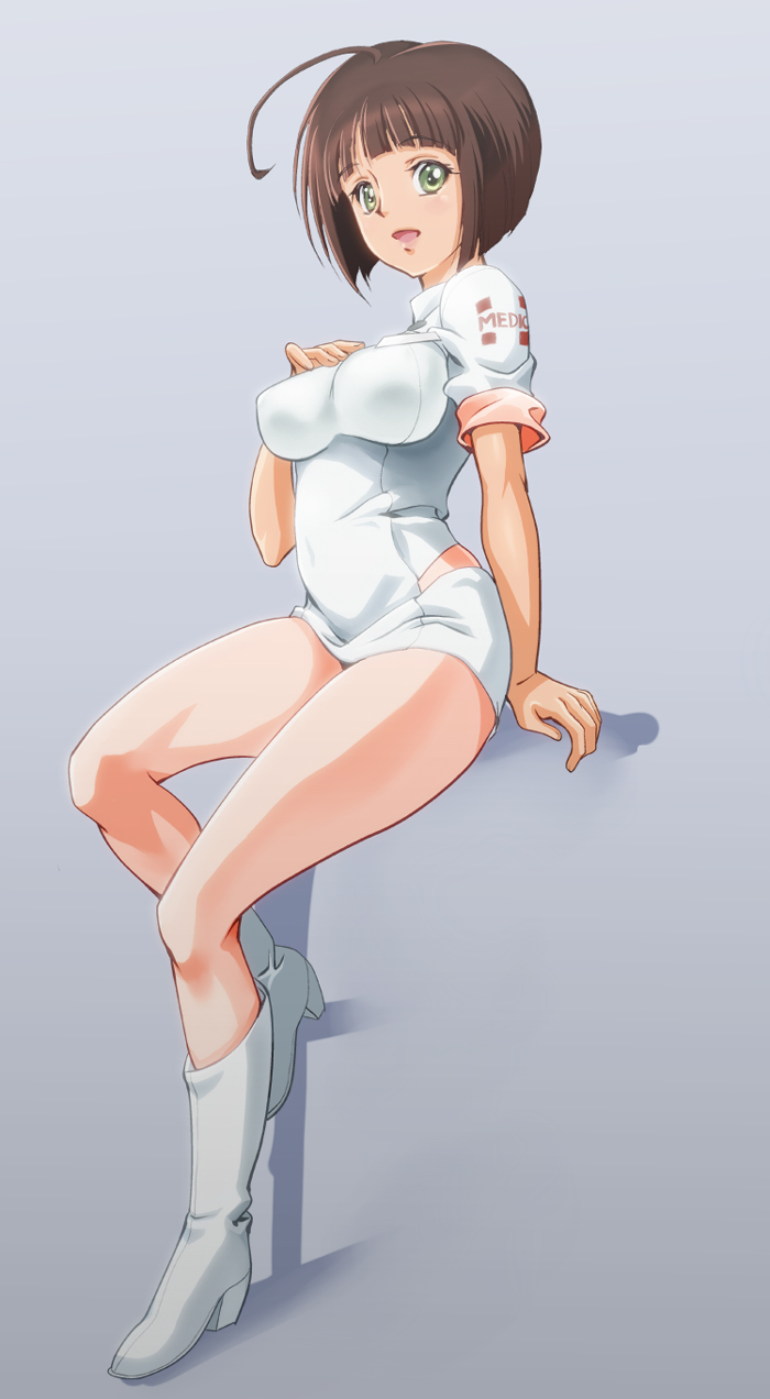 10s, 1girl, :d, ahoge, bob_cut, breasts, brown_hair, female_focus