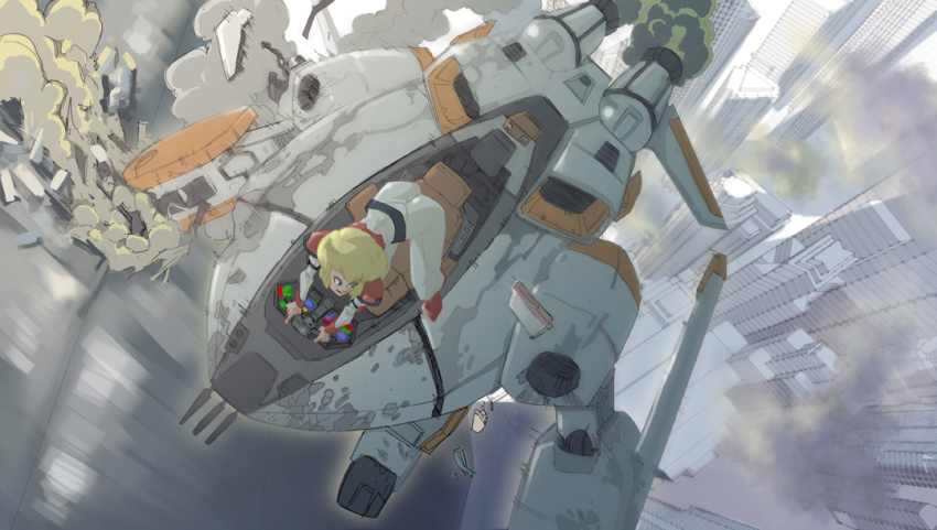 1girl, armor, ass, atac, battle, belt, blonde_hair, blue_eyes, building, cannon, choujikuu_kidan_southern_cross, cityscape, cockpit, damaged, dust, dutch_angle, energy_gun, flying, gerwalk, jeanne_francaix, mecha, military, military_uniform, motion_blur, robot, science_fiction, smoke, southern_cross, tasc, tasc-01-scf_logan, tasc-01-sfc_logan, weapon, will-ruzicka, william_ruzicka