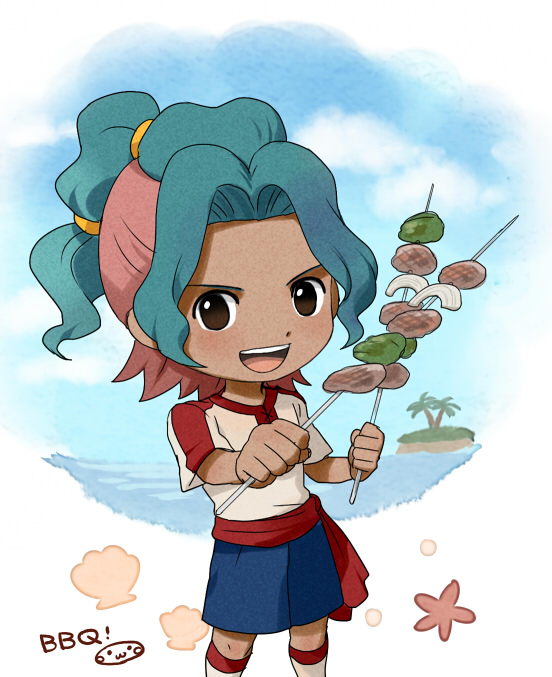 1boy, aqua_hair, bad_id, bad_pixiv_id, brown_eyes, food, inazuma_eleven_(series), inazuma_eleven_go, island, kaiou, kaizu_kouichirou, long_hair, male_focus, mizuhara_aki, multicolored_hair, open_mouth, palm_tree, pink_hair, shish_kebab, soccer_uniform, solo, sportswear, tree, two-tone_hair, water