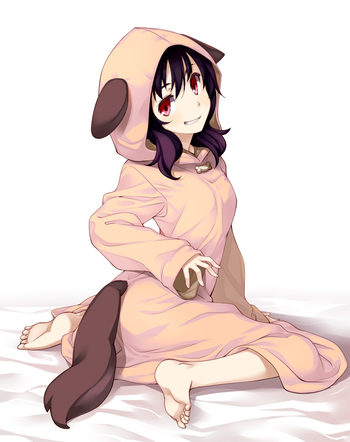 1girl, animal_costume, animal_ears, bad_id, bad_pixiv_id, barefoot, bed_sheet, black_hair, blush, dog_costume, dog_ears, dog_tail, feet, female_focus, grin, hood, looking_back, original, pajamas, purple_hair, red_eyes, sakumo_(karatama), short_hair, sitting, smile, soles, solo, tail, toes, wariza