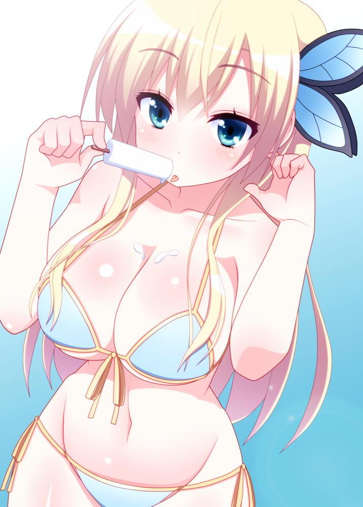 10s, 1girl, bikini, blonde_hair, blue_bikini, blue_eyes, blush, boku_wa_tomodachi_ga_sukunai, breasts, butterfly_hair_ornament, cleavage, female_focus, food, front-tie_top, hair_ornament, halterneck, kashiwazaki_sena, large_breasts, long_hair, nase, navel, popsicle, side-tie_bikini_bottom, solo, string_bikini, swimsuit, tongue, tongue_out