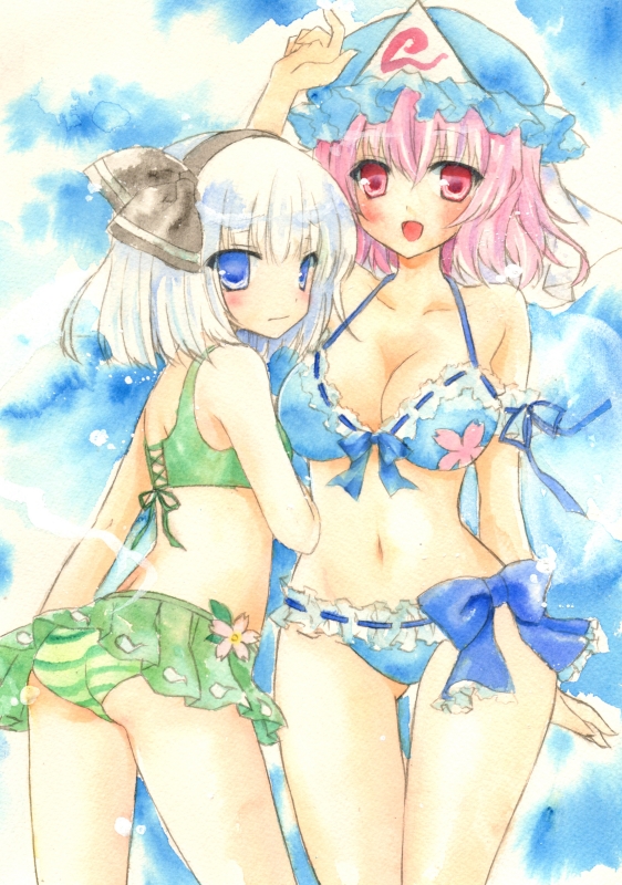2girls, alternate_costume, ass, bikini, blue_eyes, blush, bow, breasts